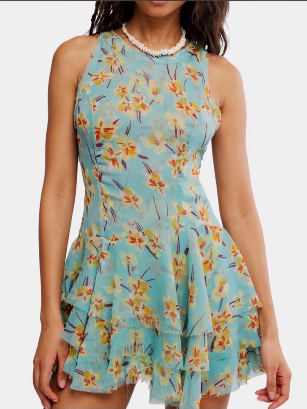Free People Aqua Floral Ruffled Mini Dress